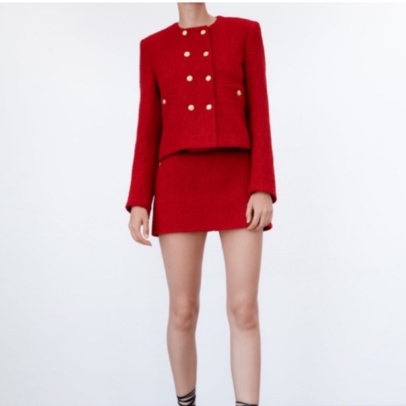 Zara Tweed Mini Skirt Red - Picture 8 of 10